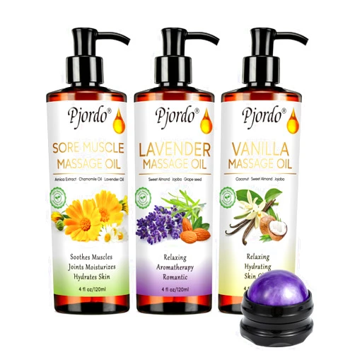 Pjordo 3 Pack Massage Oil for Massage Therapy, Vanilla Oil, Sore Muscle Arnica Oil, Lavender Massage Oil for Skin, Massage Roller Ball, Relaxing Massage Kit, Spa Gift Set for Him Her