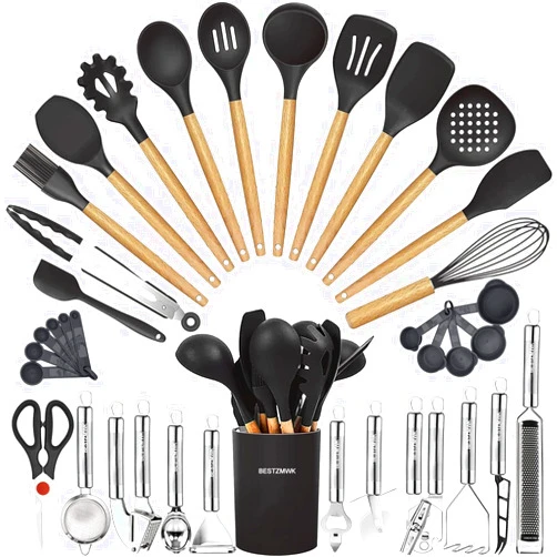 BESTZMWK Cooking Utensils Set- 35 PCs Kitchen Utensils with Grater,Tongs, Spoon Spatula &Turner Made of Heat Resistant Food Grade Silicone and Wooden Handles Kitchen Gadgets Tools Set for Nonstick Cookware