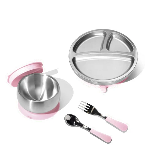 Avanchy Stainless Steel Baby Bowl + Plate, Spoon, Fork, Storage Lid and Removable Silicone Suction Base – Non-Toxic, BPA-Free Feeding Bowl for Babies and Toddlers