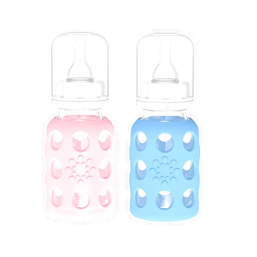 Lifefactory Glass Baby Bottles with Silicone Protection - 2-PACK, 4 Ounce Bottles, Pink & Sky Blue