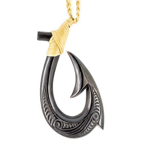 Earthbound Pacific Hand Carved Black Horn Stylized Hawaiian Fish Hook Necklace with Scrimshaw - XXXL
