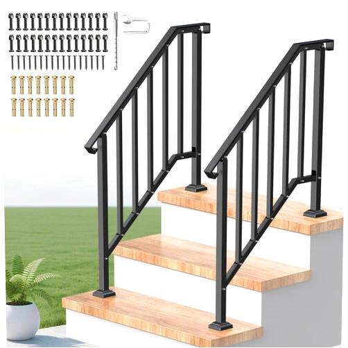 VZNEK Outdoor Handrails for Steps, Stair Railing Kit for Concrete & Porch Steps, Adjustable Black Iron Hand Rail for Seniors, Easy Installation, Retro Arch Design (2 Pack-3 Steps)