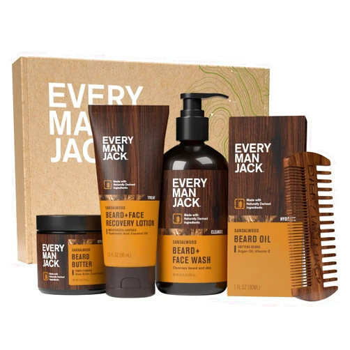 Every Man Jack Mens Sandalwood Grooming Set - Five Full-Sized Essentials: Wash, Lotion, Hydrating Oil, Butter, and Comb