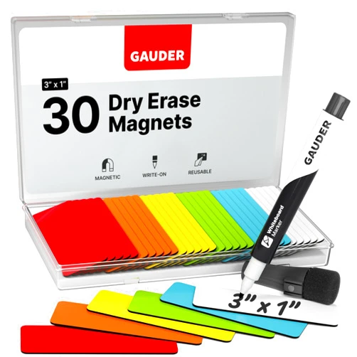GAUDER Magnetic Dry Erase Labels | 30x Magnetic Labels (3 Inches x 1 Inch) | Dry Erase Magnets for Classroom, Whiteboard and Blackboard