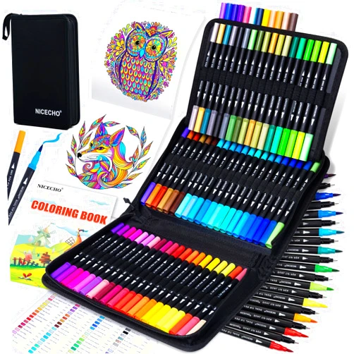 Nicecho 72 Colors Dual Tip Art Markers Pens for Adult Coloring Books, Brush and Fine Tip Coloring Marker for Drawing Journaling Note Taking Lettering