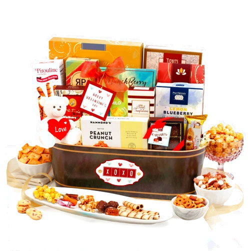 Broadway Basketeers Valentines Day Chocolate Cookies and Snacks Gift Basket with Red Heart Plush Teddy Bear for Her, Him, Women, Men And Kids by Broadway Basketeers