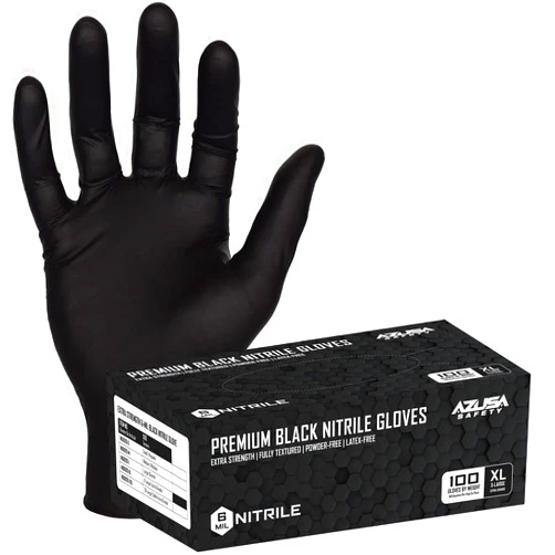 Azusa Safety 6 Mil Black Disposable Nitrile Gloves, Powder-Free, Fully Textured, Ambidextrous, Food Safe, Size: XL (Box of 100)