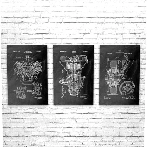Patent Earth Automotive Posters Set of 3 (8x10), Muscle Car Art, Hemispherical, Engine Blueprint, Garage Workshop Art, Body Shop Art Black Chalkboard