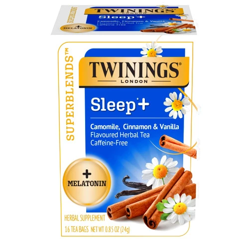 Twinings Superblends Sleep+ Herbal Tea with 1mg Melatonin Camomile, Cinnamon & Vanilla, Naturally Caffeine-Free, 16 Tea Bags (Pack of 1), Enjoy Hot or Iced
