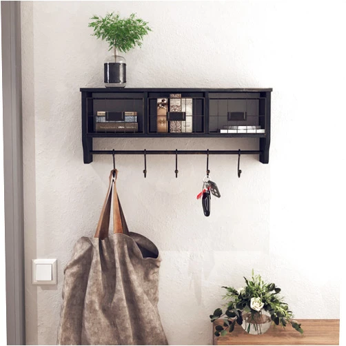 HBCY Creations Wall Mounted Shelf with Coat Hooks and Baskets, Solid Wood Entryway Organizer Wall Shelf with Hooks - Hang Coats, Keys or Coffee Mugs, Rustic Blackwash 24