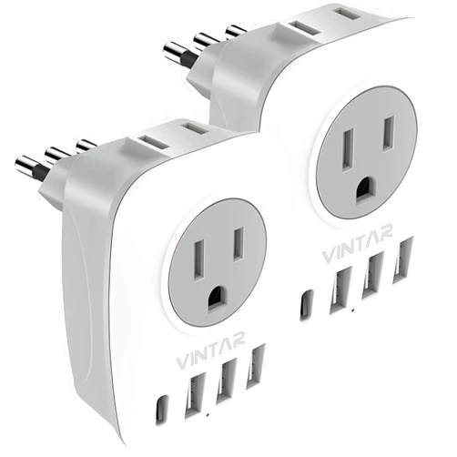 VINTAR [2-Pack] Italy Power Adapter, VINTAR Italy Travel Plug Adapter with 1 USB C, 2 American Outlets and 3 USB Ports, 6 in 1 Outlet Adaptor, 3 Prong Grounded Plug for USA to Italy Uruguay Chile (Type L)