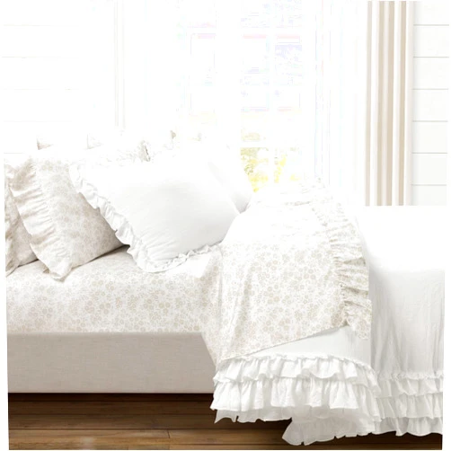 Lush Decor Garden of Flowers Ruffle 6 Piece Sheet Set, King, Neutral & White