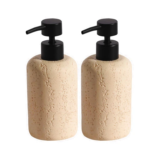 Haocoott 2PCS Soap Dispensers 340ML 11OZ, Luxurious Hand Dish Lotion Shampoo Soap Dispenser Jar, Travertine Soap Pump Bottles for Kitchen Bathroom Countertop (Yellow)
