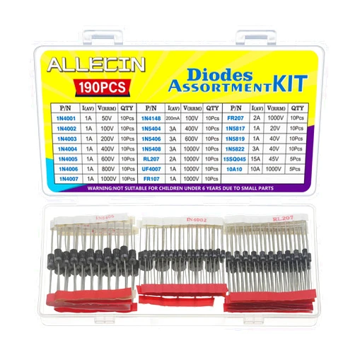 ALLECIN 20Values Diodes Kit 1N4001 1N4002 1N4003 1N4004 1N4005 1N4006 1N4007 1N4148 1N5404 1N5406 1N5408 RL207 UF4007 FR107 FR207 1N5817 1N5819 1N5822 15SQ045 10A10 Rectifier Schottky Diode Assortment
