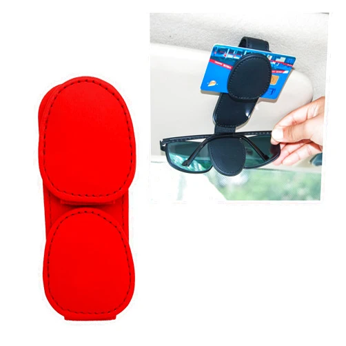 Povtii Sunglasses Holder for Car Visor, Magnetic Leather Auto Glasses Eyeglass Hanger Clip, Double Ends Sun Visor Ticket Card Clip Eyeglasses Mount, Interior Car Accessories (Red)