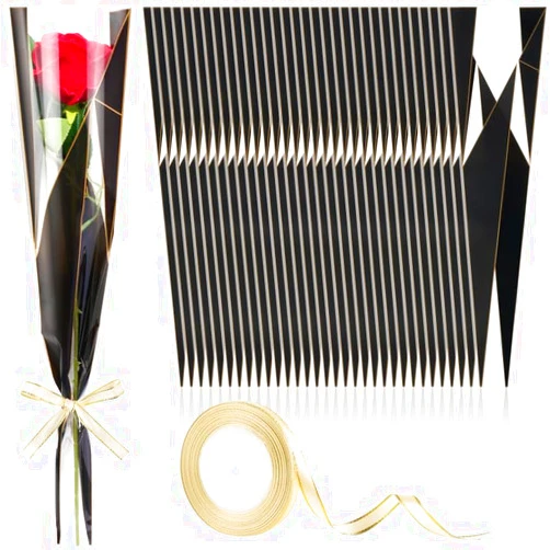 CLUEWR 100 Pack Single Rose Sleeves, Flower Bouquet Bags Single Flower Wrapping Bags with Ribbon for Valentine's Day, Wedding, Birthday, Florist Supplies (Black)