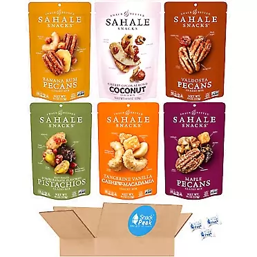 Snack Peak Sahale Snack Peak Variety Gift Box – 6 (4 oz) bags; Tangerine Vanilla Cashew, Maple Pecan, Banana Rumami, Cherry Cocoa Almond, Valdosta Pecans and Pomegranate Pistachio