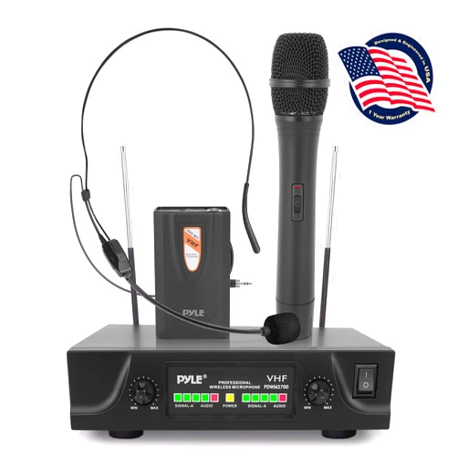 pyle 2-Channel VHF Wireless System-Battery Operated, Handheld Microphone & One Belt Pack Transmitter with Headset Mic, Rack Mountable PDWM2700