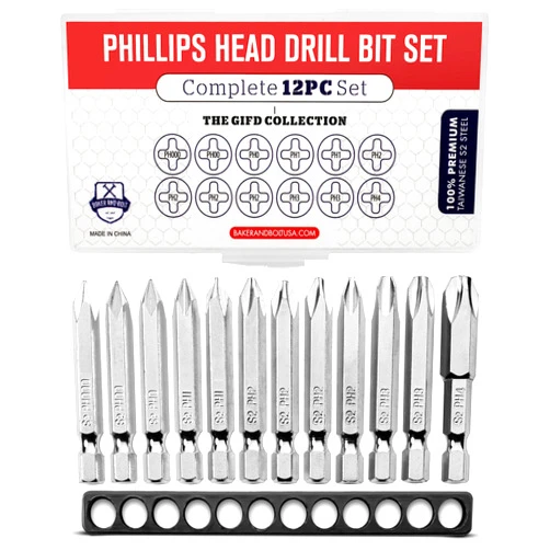 Baker and Bolt Phillips Screwdriver Drill Bit Set (Premium 12pc Complete Set) w/Storage Case and Bit Holder - 1/4in Hex Shank Magnetic Bit Set - Impact Ready - S2 Steel - Long 2in Heads for Drills. Baker and Bolt