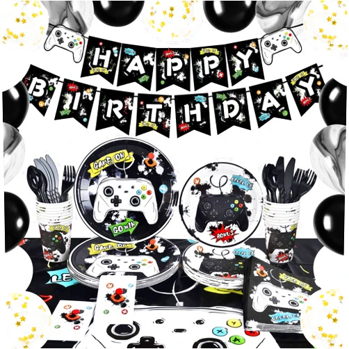 WERNNSAI Watercolor Video Game Party Supplies - Gaming Party Decoration for Boys Birthday Banners Balloons Plates Cups Napkins Tablecloth Cutlery Bags Tableware Set Serves 16 Guests 153 PCS