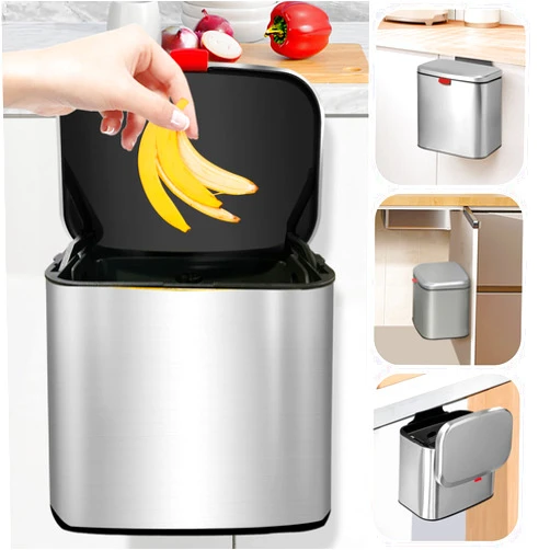 IRISVO Hanging Kitchen Stainless-Steel Small Trash Can with Lid, 2 in 1 Kitchen Compost Bin for Counter Top & Under Sink, Indoor Compost Bucket for Cupboard/Bathroom/Bedroom/Camping (4L/1.05GAL)