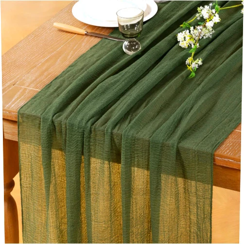 DeZerlor Olive Green Cheesecloth Table Runner 4 Pack Spring Easter Table Runners 120 inches Boho Gauze Olive Cheese Cloths for Rustic Wedding Bridal Baby Shower Decor Party