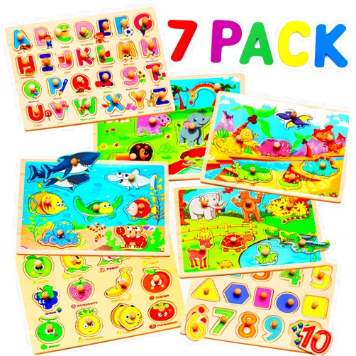 WOOODLIFY 7 Pack Wooden Puzzles for Toddlers 2 3 4 5 Years Old - 7 Colorful Chunky Wood Peg Puzzles for Kids Ages 2-5, Alphabet Shape Numbers Fruits Sea Animals Dinosaur Zoo - Educational Toddler Learning Toys
