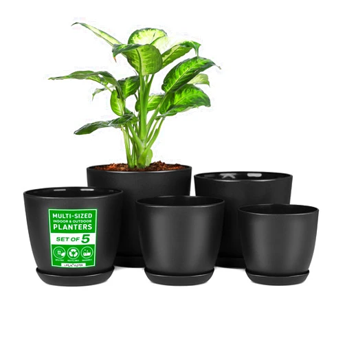 Lifemaster Plant Pots with Multi Drainage Holes - 5 Pieces Versatile, Sturdy Plastic, Stackable Design Home Decor Flower Pots for Indoor and Outdoor Gardening - Black