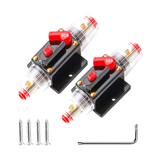 NuIth 60A Audio Inline Fuse Holder with Manual Reset 12V-24V DC, 4-12 Gauge 60 Amp Stereo Circuit Breaker for Car Audio Sound Amplifier System Protection RV Boat Truck,2PCS
