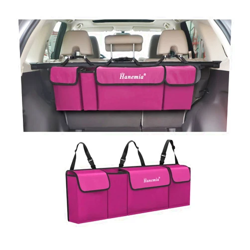 Hanemia Car Trunk Organizer, Backseat Hanging Storage with 4 Large Pockets, Collapsible Cargo Bag with Adjustable Straps Frees Trunk Floor, Sturdy Space Saving Expert for SUV, Truck, Van (Purple)