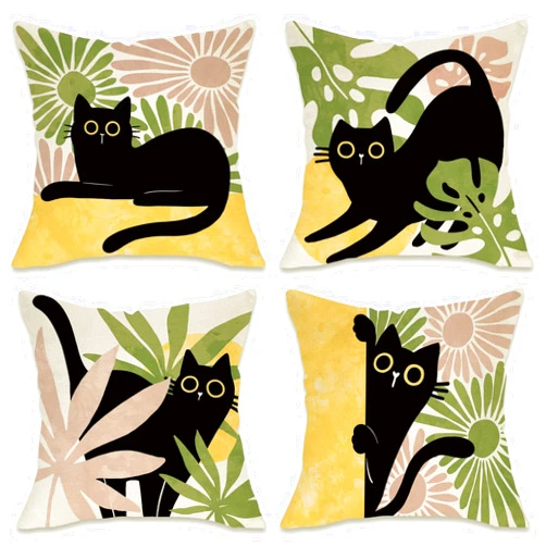 Fahrendom Boho Abstract Black Cat Decorative Throw Pillow Covers 18 x 18 Set of 4, Spring Summer Palm Leaves Monstera Porch Outdoor Pillowcase, Bohemian Minimalist Modern Art Cushion Case Home Decor