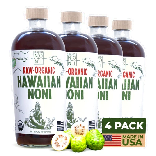 Healing Noni - 4-Pack Glass Bottle 32oz - Hawaiian Sparkling RAW Organic Juice - All-Natural Unsweetened Fresh Fruit - Farm Direct - USDA Certified