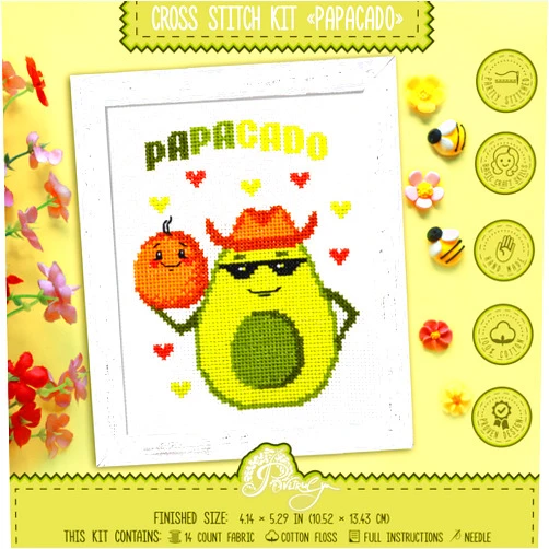 Povitrulya Counted Cross Stitch Kit 'Papacado' - Embroidery Set with Pre-Sorted Cotton Floss, 14 Count Aida Fabric, Paper Pattern, DIY Gift, Baby Shower and New Parents Present