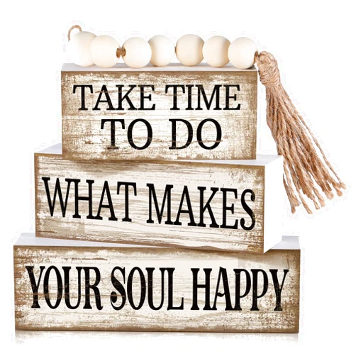 Yuntau 4 Pcs Farmhouse Tabletop Decoration Inspirational Farmhouse Tiered Tray Decor Rustic Retro Wood Bead Garland Take Time to Do What Makes Your Soul Happy Block Centerpiece Sign for Home Shelf