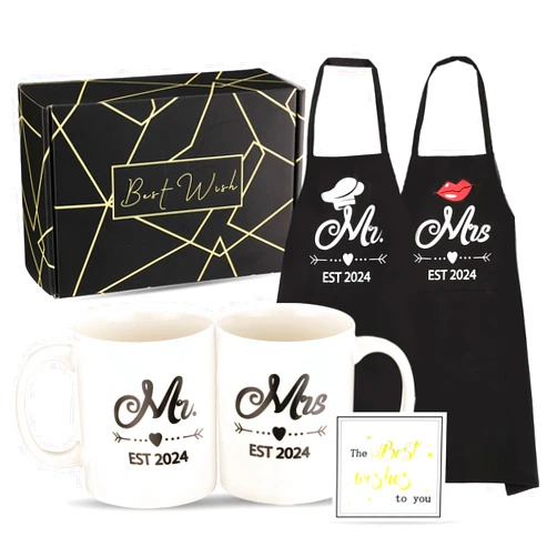 DDOFAH Mr and Mrs Est 2024 Mug and Apron Set, Wedding Engagement Anniversary Bridal Shower Gifts for Couple Mr and Mrs Smith Bride Groom Husband Wife Newlyweds Gifts