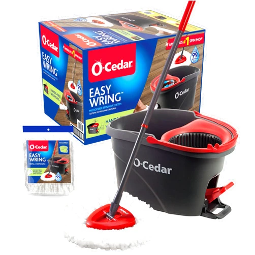 O-Cedar Easywring Microfiber Spin Mop & Bucket Floor Cleaning System with 1 Extra Refill,Red / Gray