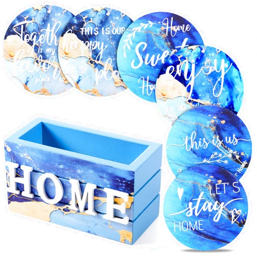 Queekay Housewarming Gifts for Home Decoration Wooden Heart Coasters for Drinks 6 Set Farmhouse Coasters with Holder Funny for Family Coffee Table Protection, 4''(Gilded Blue)