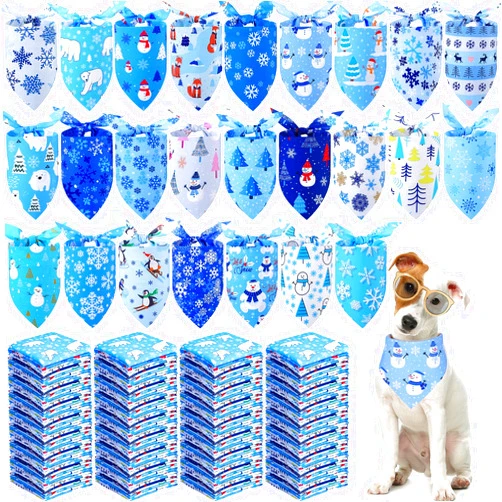 Abbylike 200 Pieces Winter Dog Bandanas Bulk Snowman Dog Bandanas for Dogs Blue Snowflake Dog Kerchief Set Bibs Triangle Dog Scarf for Winter Small Medium Large Pet Costume Accessories Decoration