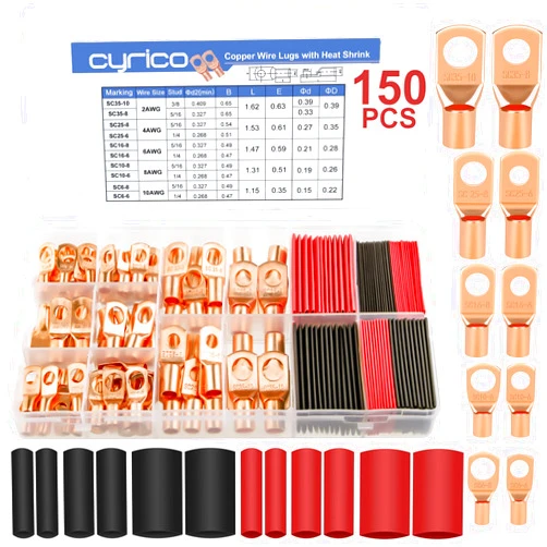 Cyrico 150pcs Battery Cable Ends, Copper Wire Lugs Assortment Kit AWG 2 4 6 8 10 Gauge - 70Pcs Battery Cable Lugs Ring Wire Terminal Connectors and 80Pcs Heat Shrink Tubing Kit for Marine Electrical Supplies