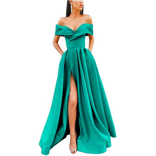 Rmaytiked Off The Shoulder Prom Dresses Long with Slit Satin Evening Ball Gowns Formal Party Dress for Women with Pockets