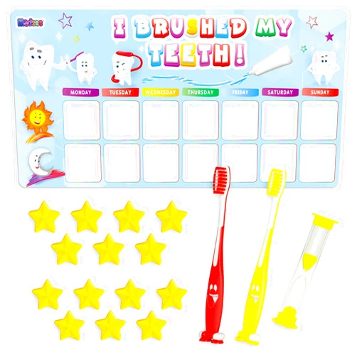 Madzee Toothbrush for Kids with Reward Chart Set, Sand Timer – 2Pcs Soft Bristle Kids Tooth Brush with Magnetic Behavior Chart for Children's Ages 3+