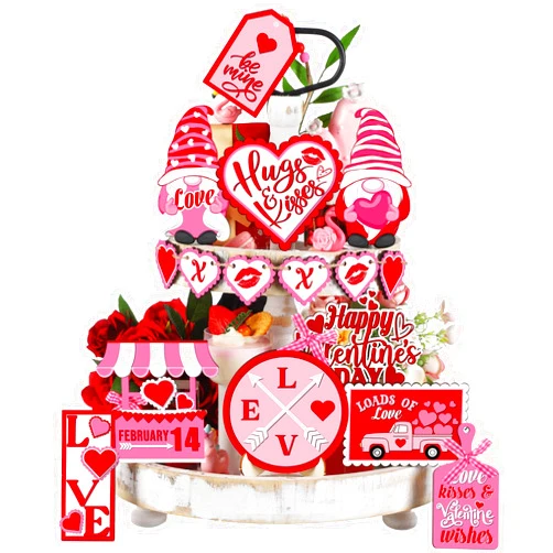 Mifoci 16 Pcs Valentine's Day Tiered Tray Decor Set Farmhouse Wood Valentine's Day Table Decorations Tabletop Rustic Wooden Red XXOO Heart Hugs Kisses Table Signs for Wedding Party Gift (Gnome)