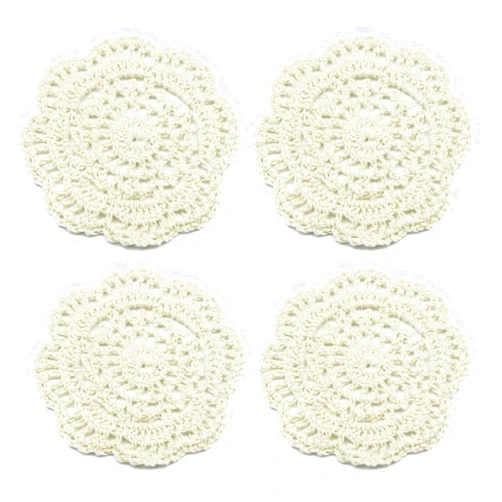 kilofly Small Crochet Cotton Lace Coasters Doilies Pack Set, 4pc, Beige, Round, 4 inch