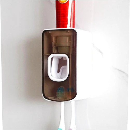 LUEXBOX 2 Slot Toothbrush Holder and Toothpaste Dispenser Wall Mounted, Automatic Toothpaste Squeezer, 2 in 1 Tooth Brush Toothpaste Organizer for Shower (Grey)