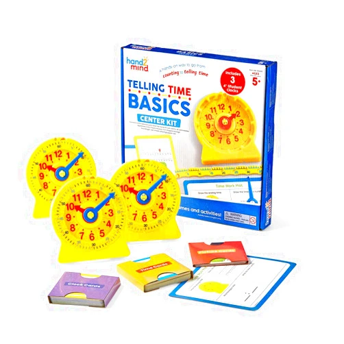 hand2mind Telling Time Basics Center Kit, NumberLine Learn to Tell Time Activity Set, Telling Time Teaching Clock Activities, Analog Classroom Clock for Kids, Math Manipulatives for Elementary School