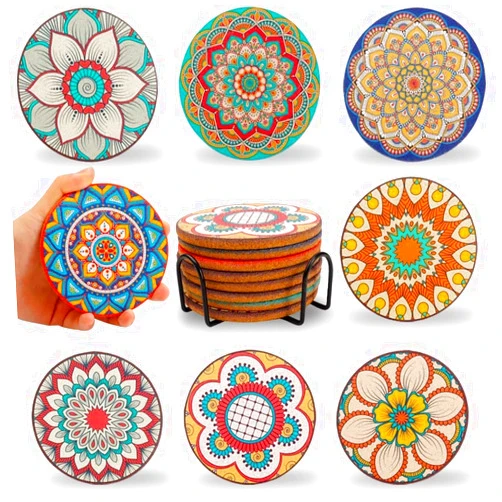 Puluole Coasters Set of 8,Cork Coasters for Drinks,Colorful Drink Coasters with Holder,Cute Coasters for Coffee Table,Boho Coasters for Apartment Home Decor,Boho Gifts for Women