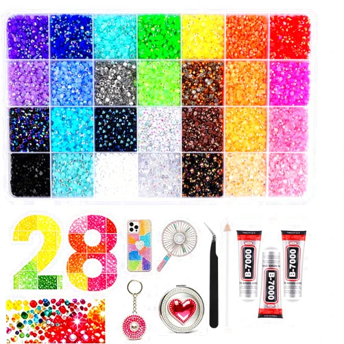 YLPARTCHER 34000PCS 28 Colors Jelly Resin Rhinestones Kit with 3Pcs B7000 Glue, 3mm Flatback Gems for Bedazzling Crafting, Multicolor Diamonds for Clothes Shoes Nail Art Diamond Painting Makeup DIY