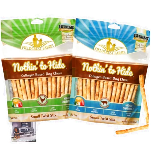 Fieldcrest Farms Nothing to Hide Natural Rawhide Alternative Small Twist Stix for Dogs -100 Pack Bundle (50 Beef & 50 Chicken) - Easily Digestible Chews for Moderate Chewers Under 15lbs - Plus Magnet
