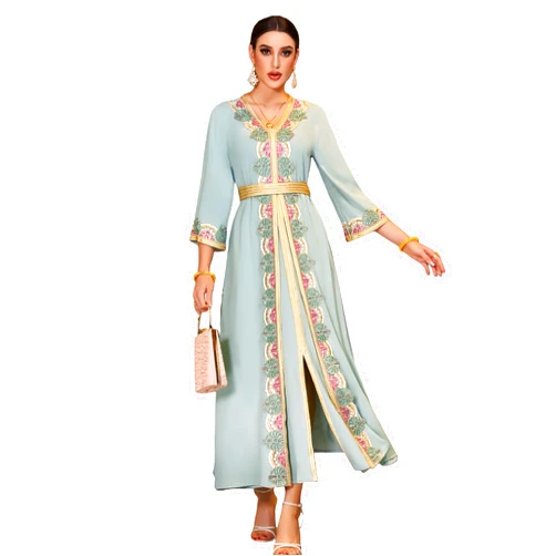 Ami.Todfo Elegant Floral Embroidered Kaftan Maxi Dress, Handcrafted Abaya 3/4 Sleeve with Gold Trim, V-Neck, Light Blue