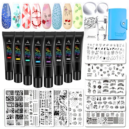 Biutee Nail Stamping Plates Gel kits 8 pcs Nail stamping polish gel 10pcs Templates 1Nail Scraper 1 Storage Bag 1 Double-headed Stamper and Two Silicone head Pattern Christmas Flowers Animal Design